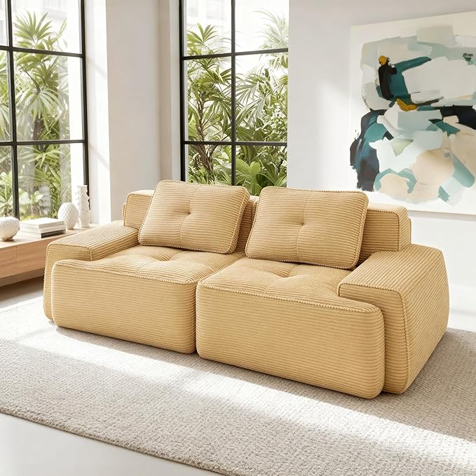 Casaphoria 80'' Corduroy Couch Sectional, 2 Seater Boneless Couches for Living Room, Camel Modular Cloud Sofa with 2-Pillow, Extra Deep Seat Sofa with No Assembly