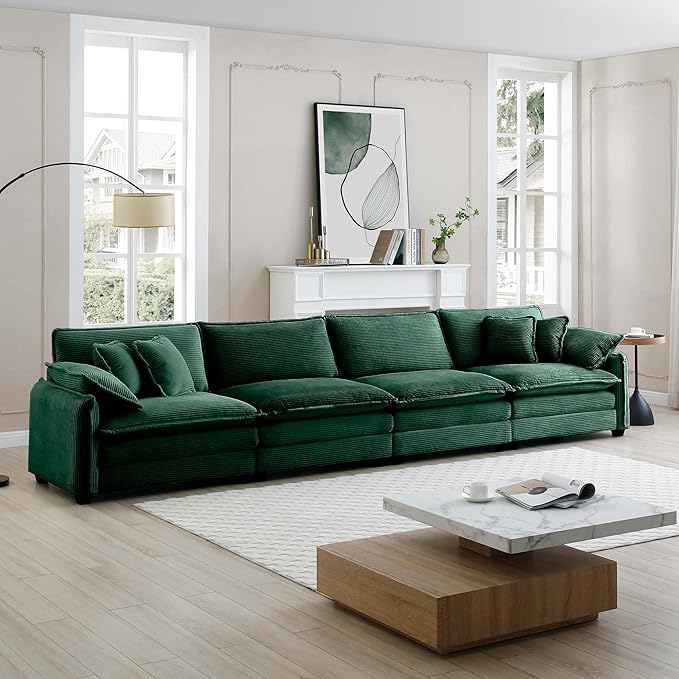KEIKI 150" Oversized Corduroy Modular Sectional Cloud Sofa with High-Density Foam Cushions, Removable Armrests, Upholstered Modern 4-Seater Fluffy Corner Couch with 6 Pillow, for Living Room, Green