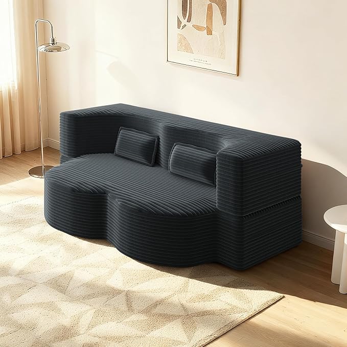 78" Convertible Sofa Bed, 2-in-1 Folding Floor Couch with 2 Pillows, Sleeper Sofa for Living Room and Bedroom, No Assembly Required (Dark Grey, Corduroy Fabric)