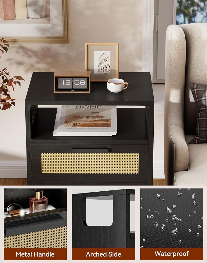 YMYNY Nightstand with 2 Drawers, Boho Side Table, Handmade Rattan Decorated, Open Shelf Unit with Arched Design, Solid Wood Legs, Storage Cabinet for Bedroom, Black UHST015B - Image 9