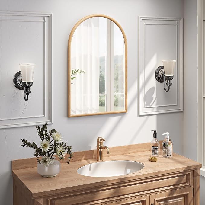 24"x36" Arch Wall Mirror for Wall, Wall Mounted Vanity Mirror for Bedroom, Wood Grain Finish Frame Mirror with Tempered Glass, Vintage Decorative for Bathroom, Entryway, Living Room, Natural - Image 8