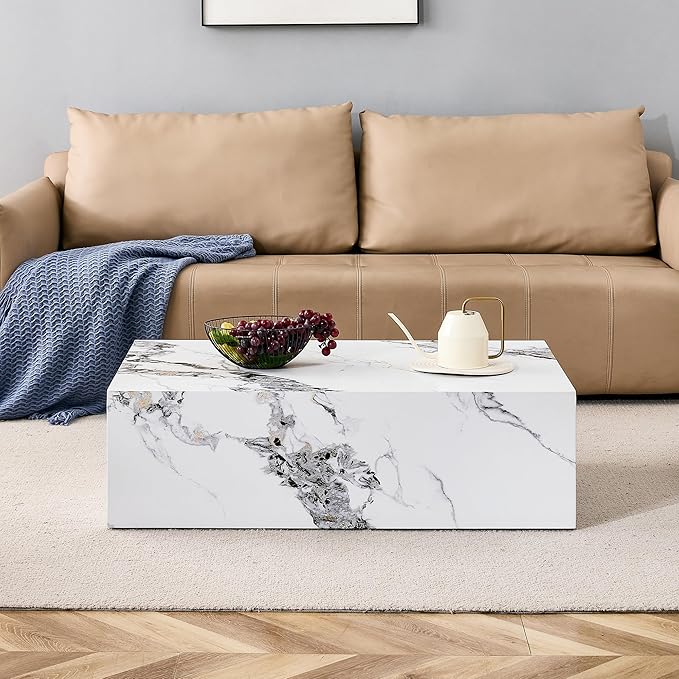 Modern Coffee Table Marble Grain,Rectangle Marble Faux Tea Table White,No Assembly