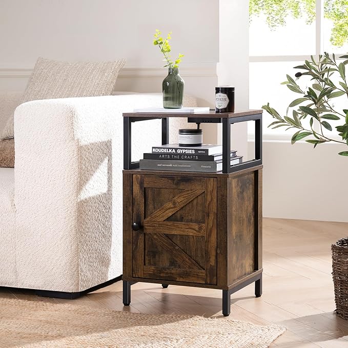 Yoobure Farmhouse NightStand with Charging Station，Wood Night Stand End Table with USB Ports, LED Bed Side Table with Storage Cabinet，Bedside Table for Bedroom, Living Room Rustic Brown - Image 2