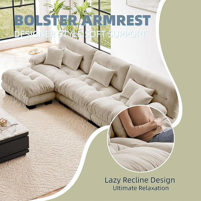 133.8" L-Shaped Cloud Couch, Oversized Modular Sectional Sofa, Deep Seat Cloud Boneless Couch, 3-Seat Modular Sectional Sofa with Ottoman or Living Room,Bedroom and Apartment, Light Coffee