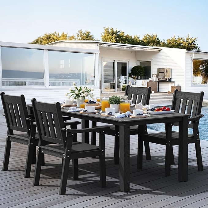 YEFU HIPS Patio Table Set: 5 Piece Outdoor Table and Chairs Dining Furniture Set with Umbrella Hole - Black Modern Plastic Dining Sets 4 Person for Outside Deck with Metal Aluminum Frame by YEFU