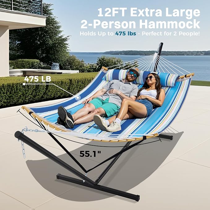 SUPERJARE Curved-Bar Hammock with Stand, 2 Person Heavy Duty Hammock Frame, Detachable Pillow & Portable Carrying Bag, Perfect for Outdoor & Indoor, Holiday Voyage Stripe - Image 2