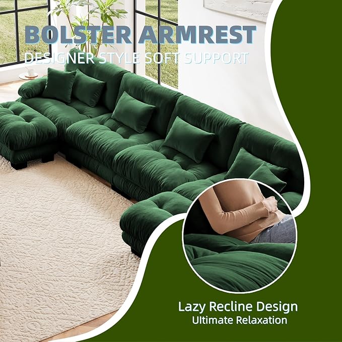 173.2" U-Shaped Cloud Couch, Oversized Modular Sectional Sofa, Deep Seat Cloud Boneless Couch, 4-Seat Modular Sectional Sofa with 2 Ottoman or Living Room,Bedroom and Apartment, Green