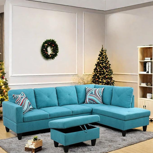 FONTOI L Shaped Sectional Couch with Otttoman, 97" Sectional Sofa for Living Room Flannel Modular Couches with Cup Holders for Bedroom, Apartments, Light Blue
