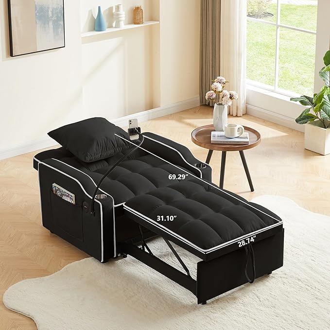 3 in 1 Convertible Sleeper Sofa Bed with Phone Holder, 35'' Pull Out Sofa Bed Recliner with Adjustable Backrest, Velvet Fabric Sleeper Couch Single Modern Chair for Small Space & RV, Black