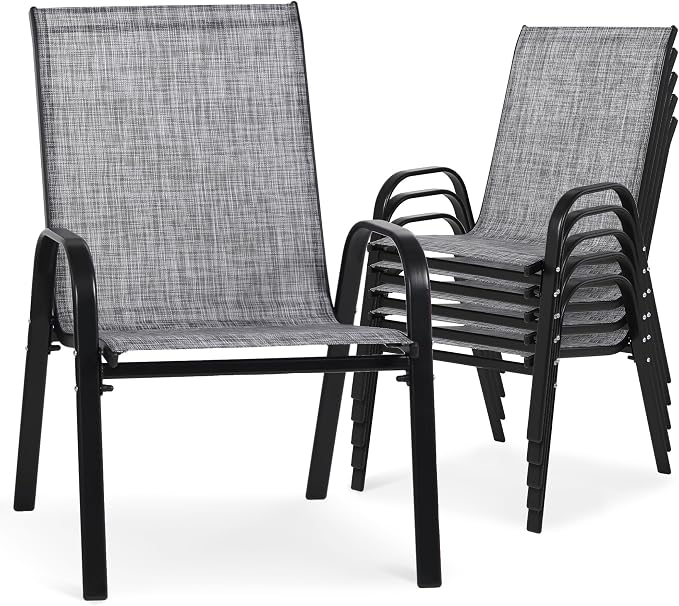 Outdoor Stackable Chairs Set of 6, Stacking Patio Chairs with Textilene Fabric, Outside Furniture for Garden Backyard Balconie Poolside Deck, Grey by Villeston