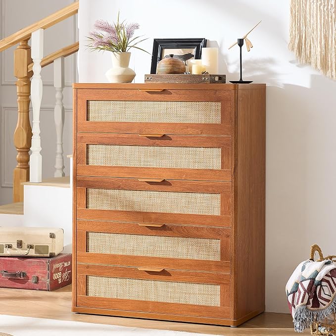 LEYAOYAO Dresser for Bedroom, 41" Tall Chest of Drawers, Modern 5 Drawers Boho Rattan Dressers with Storage, Dresser Wooden Closet Organizer for Living Room, Hallway, Tea Brown - Image 6