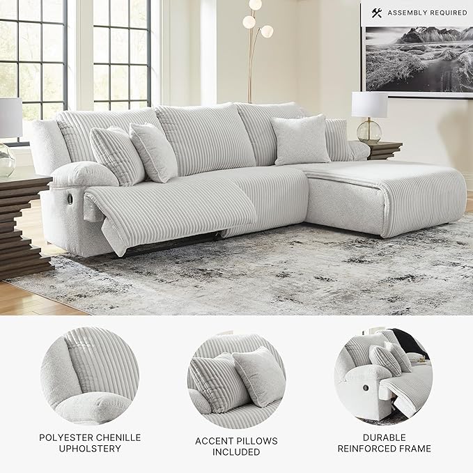 Signature Design by Ashley Top Tier Casual Manual Reclining Right-Arm Facing 3-Piece Sectional Sofa Chaise with 4 Accent Pillows, Light Gray