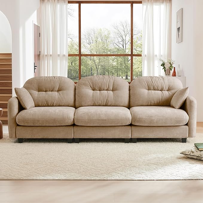 KEIKI 107" Oversized Chenille Modular Sectional Sofa with High-Density Foam Cushion and Tufted Pleated Cushion Backrest, Upholstered Modern 3-Seater Cloud Couch with 2 Pillow, for Living Room, Camel