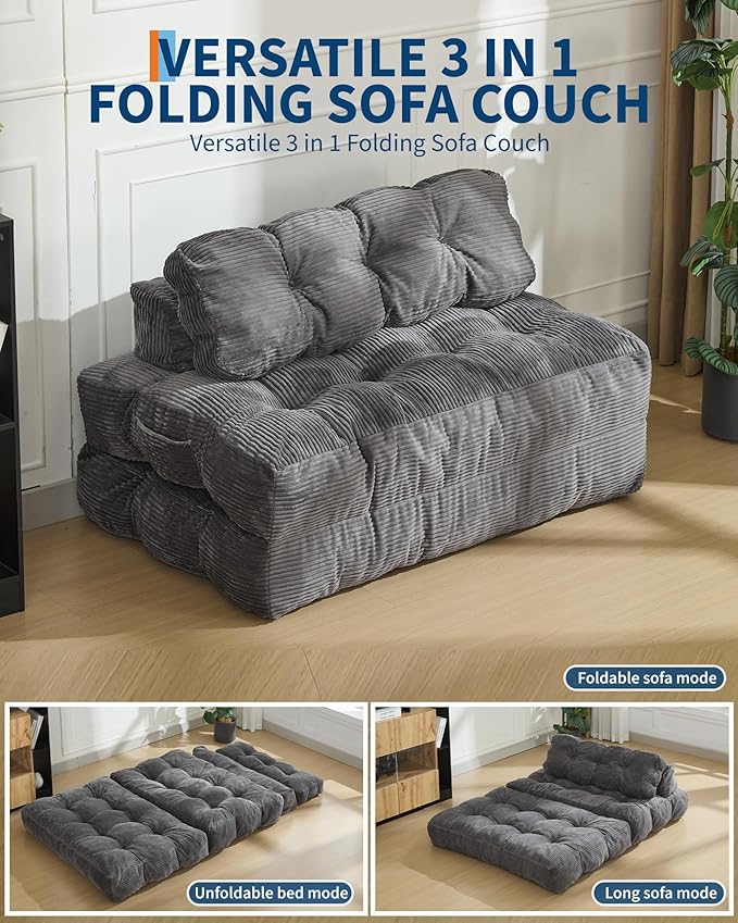 Folding Sofa Bed with Back Support, Convertible Sleeper Chair with Pilow Foldable Matress, Portable Fold Out Chair Bed Comfy Floor Sofa Lounge for Living Room Bedroom, Grey, Double
