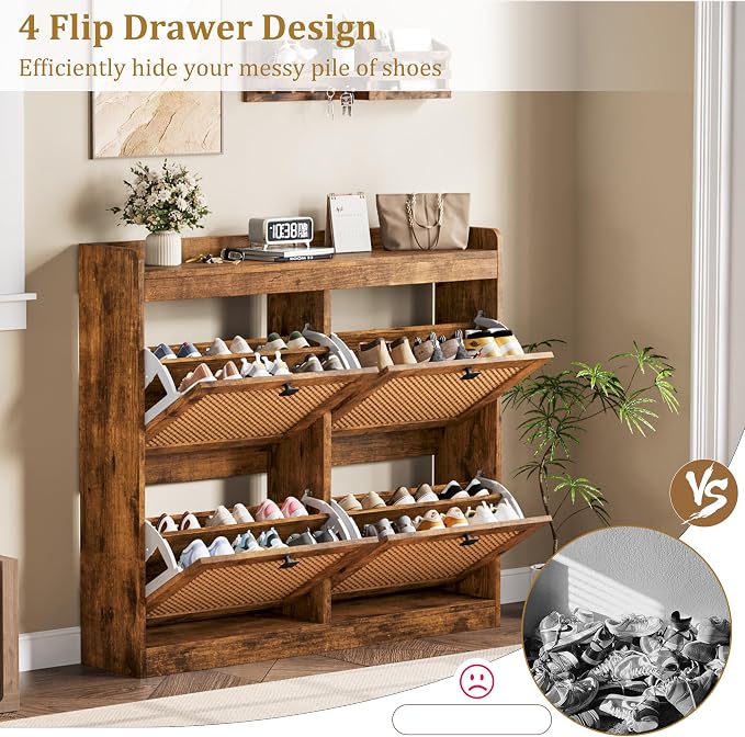 GarveeHome Shoe Cabinet Rattan with 4 Flip Drawers, Wooden Freestanding Shoe Organizer with Adjustable Shelves, Shoe Storage for Entryway, Closet, Hallway - Image 6
