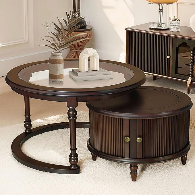 31.5'' Glass Top Round Coffee Table with Storage, Solid Wood and MDF Fluted Coffee Table Set of 2 for Living Room Office, Brown