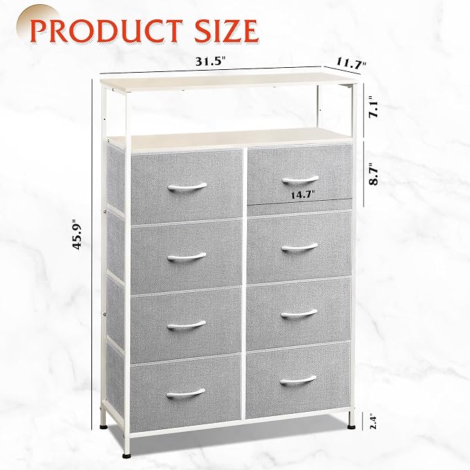 WLIVE Fabric Dresser for Bedroom with Open Shelves, Tall Dresser with 8 Drawers, Storage Tower with Fabric Bins, Chest of Drawers for Closet, Living Room, Hallway, Light Gray - Image 3