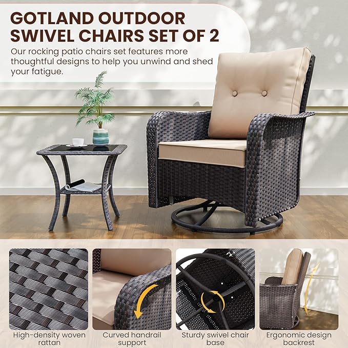 Gotland Outdoor Swivel Chairs Set of 2, 3 Pieces Patio Furniture Set with Thick Cushion, Wicker Rocking Patio Chairs Set of 2, Patio Bistro Set with Double-Layer Coffee Table for Balcony Porch Khaki - Image 6