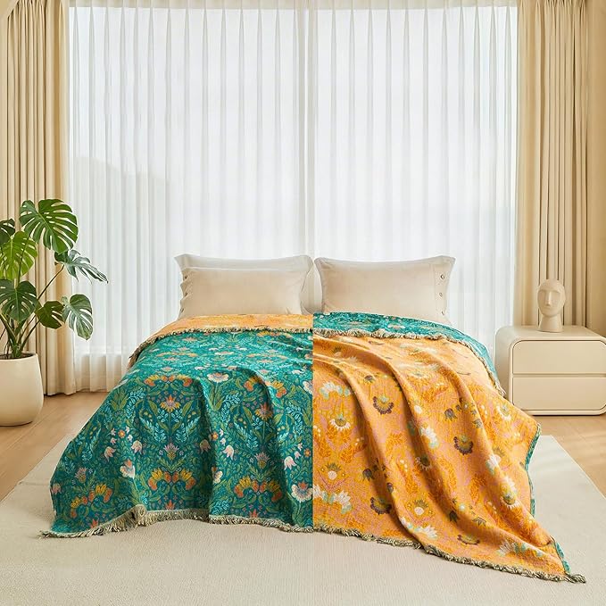 Boho Throw Blanket - 100% Cotton Soft Throw Blanket for Bed, 60"x80" Reversible Breathable Lightweight Spring Blankets, All Seasons Farmhouse Decor Floral Throw Quilt