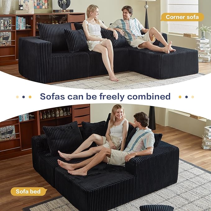 Boneless Sectional Sofa, 101" Cloud Sofa with Wide-Wale Corduroy, Deep Seat L Shaped Couch, All-Foam Filled Compressed Couch for Living Room (Black, Corduroy)