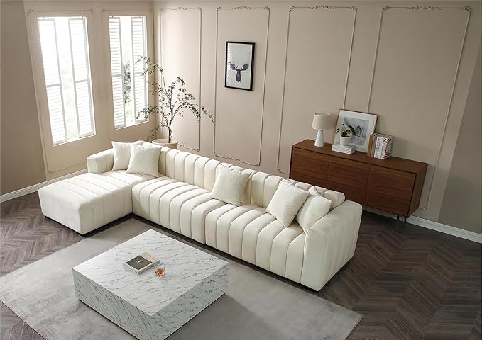 KEIKI 139" L-Shape Velvet Modular Sectional Sofa with Left Chaise Lounge, Modern Style Upholstered Oversized Reversible 3-Seater Channel Tufted Couch, Easy Assembly, for Apartment, Living Room, Beige
