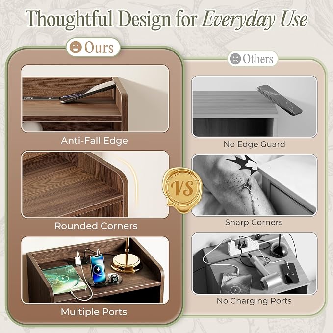 Huuger Nightstand with Charging Station, USB-C Port, Fluted Night Stand with Drawer, Bed Side Table with Solid Wood Feet, Open Storage, End Table with Raised Edge, for Bedroom, Walnut - Image 5