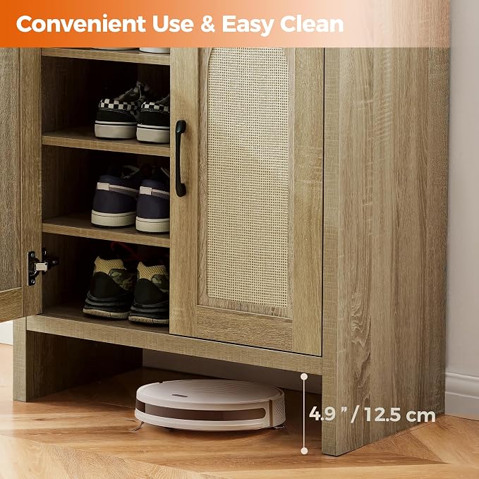 Mericonia Shoe Cabinet Storage for Entryway, Natural Rattan Shoe Storage Cabinet, Wooden Shoe Rack Cabinet, Farmhouse Boho Wood Shoe Organizer Cabinet for Hallway - Image 7
