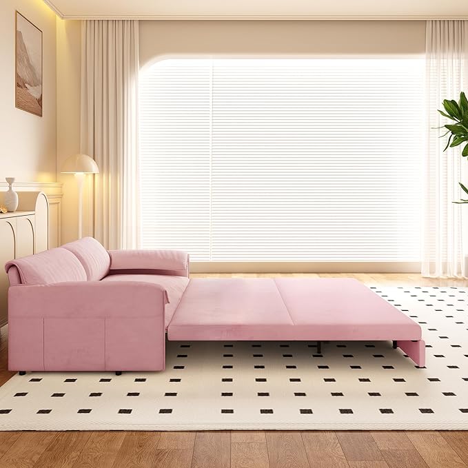 66" Queen Size Pull Out Sofa Bed, 3-in-1 Convertible Sleeper with Side Storage and Wheels, Velvet Loveseat for Living Room, Apartment, Bedroom, Pink (Mattress & Bedding Not Included)