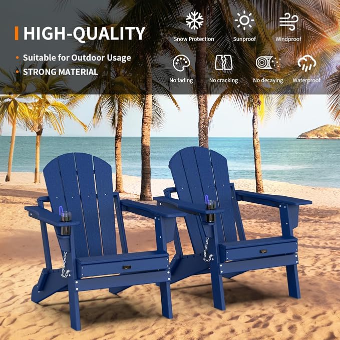 VINGLI Plastic Adirondack Chairs Set of 2, Folding with Cup Holder, Waterproof HDPE Material, Comfortable 380lb Weight Capacity for Outdoor Pool Patio Lounge Chair Lawn Furniture Firepit (Navy Blue) - Image 4