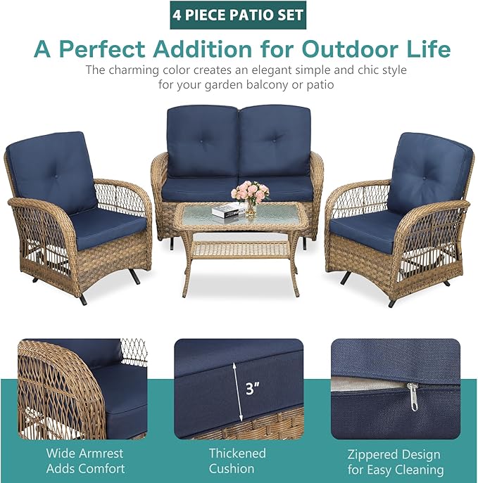 MEETWARM 4 Pieces Outdoor Wicker Patio Conversation Sets with Glider Loveseat, 2 Chairs with Glass-Top Coffee Table Wicker Rocking Glider Set, Wicker Conversation Set w/Thickened Cushions, Navy Blue
