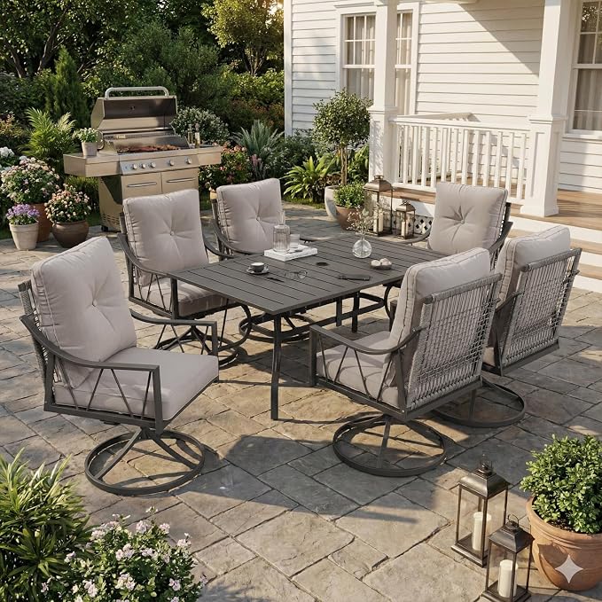 EROMMY 7-Piece Outdoor Patio Dining Set, 6 Wicker Swivel Rocking Chairs with 4" Cushions, Rectangular Table with Adjustable Umbrella Hole for Backyard, Deck, Black - Image 8