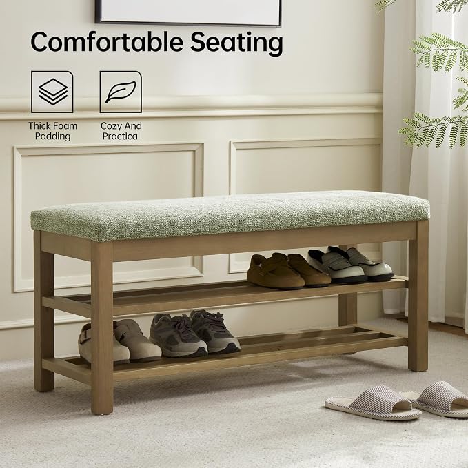 VKNOW 44.3” Wooden Entryway Bench, 2-Tier Upholstered Shoe Bench for Bedroom, Storage End of Bed Bench with Rubberwood Legs for Living Room, Hallway, Green - Image 3