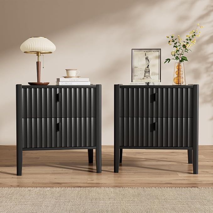Furniway Nightstand Set of 2, Modern End Table with Solid Wood Legs, Bedside Table with 2 Drawers and Metal Handles for Bedroom, Black by Furniway
