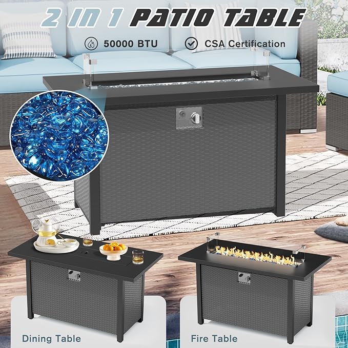 SUNCROWN Outdoor Patio Furniture Set 7 Piece Outdoor Sectional Sofa Grey Wicker Conversation Sofa Set with Coffee Table, Cushions and Fire Pit Table (Light Blue)