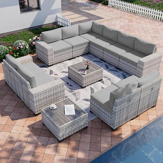 12-Piece Outdoor Patio Furniture Set Wicker Sectional Sofa Set, Patio Conversation Set with Thickened Cushions & Side Table for Patio, Garden, Backyard, Grey
