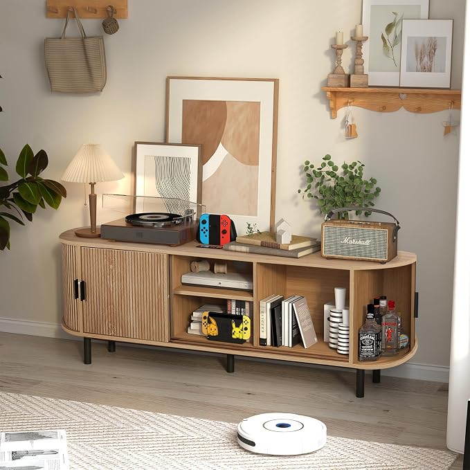 FurSch 62" Tambour Door TV Stand,Wood Mid Century Modern TV Cabinet for Up to 75“ TV,Curved Edge Long TV Stand with Storage for Bedroom Living Room (Natural, 62.2inch) - Image 7