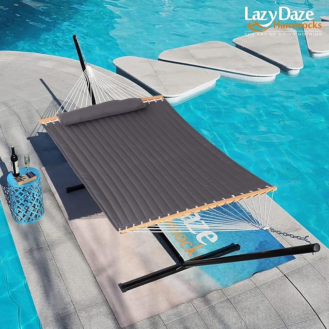 Lazy Daze Hammocks 12 FT Double Quilted Fabric Hammock with Spreader Bar and Detachable Pillow, 2 Person Double for Outside Patio Poolside Backyard Beach, 450lbs Capacity, Gray - Image 7