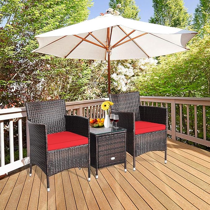 HAPPYGRILL 3-Piece Patio Furniture Set Outdoor Rattan Wicker Conversation Set with Coffee Table Chairs & Thick Cushions Bistro Sets for Patio Garden Lawn Backyard Pool