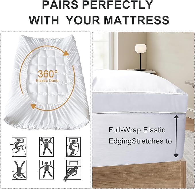 2~3In Mattress Topper Queen Size Breathable Filled Soft Fluffy Supportive for Back Pain Relief, Bed Mattress Pad Pillow Topper with Extra Thick Padded Protector for 8"-21" Deep Pocket