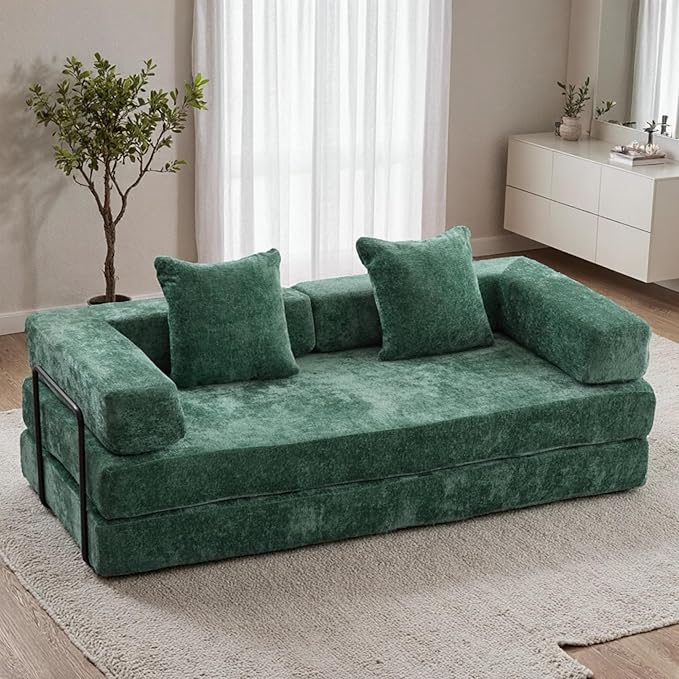 Convertible Floor Sofa Bed, Fold Out Floor Couch with Pillow Back & Armrest, Compressed Couch with Fixed-Shape Frame, Chenille Foldable Sleeper Sofa Bed for Living Room Bedroom, Dark Green