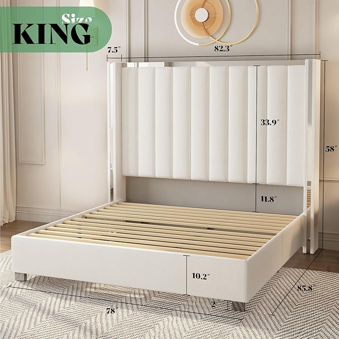 AMERLIFE 5-Piece Modern Bedroom Sets with King Size Upholstered Platform Bed Frame, 58" Wingback Headboard, Spacious 6-Drawer Dresser, Tall Chest, and 2 Coordinated Nightstands, Cream and White