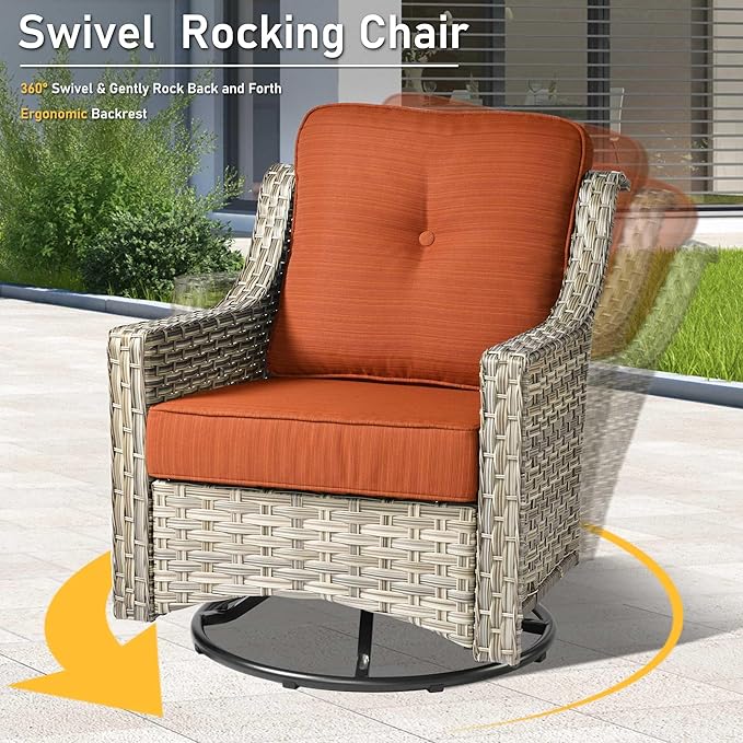 HOOOWOOO 3 Piece Patio Furniture Bistro Sets,Outdoor Wicker Swivel Rocking Chairs with Table Set,All Weather Resistant High Back Rattan Conversation Set(Orange Red)