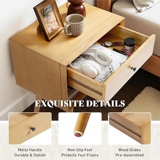 AMERLIFE 3 Pieces Solid Wood Bedroom Set, Queen Platform Bed Frame with Headboard and Fully Assembled Nightstand Set of 2 with Storage Drawer, Modern Bedroom Furniture Set, Natural