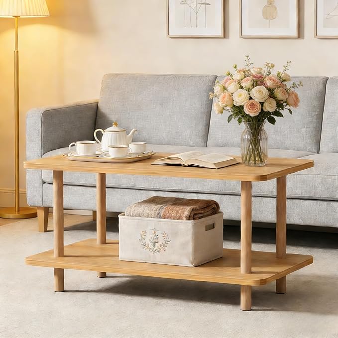 2 Tier Coffee Table Low Table with Solid Wood Legs, Japanese Coffee Table for living Room, Side Table Sofa Table, Floor Table Desk for Sitting on The Floor, Storage Shelf Furniture for Office, Natural