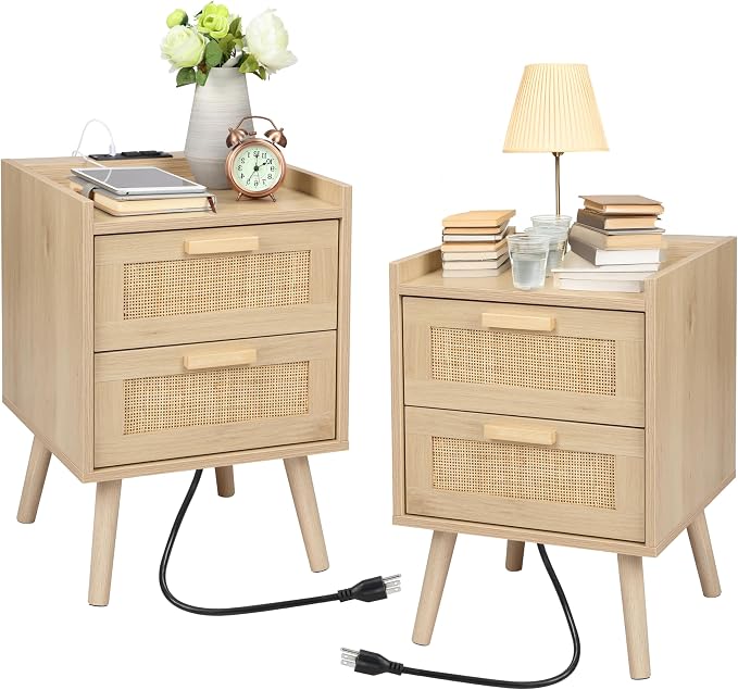 Finnhomy Nightstand with Charging Station, Bedside Table with 2 Hand Made Rattan Decorated Drawers, Night Stand with Storage for Bedroom, Natural, Set of 2 by Finnhomy
