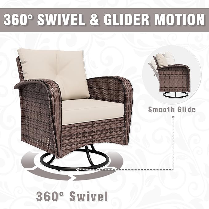 7 Piece Patio Conversation Set – 2 Swivel Rocking Chairs, 2 Coffee Tables & 3-Seater Sofa | PE Wicker Patio Sectional | Heavy-Duty Steel Frame & Weatherproof Cushions, Beige
