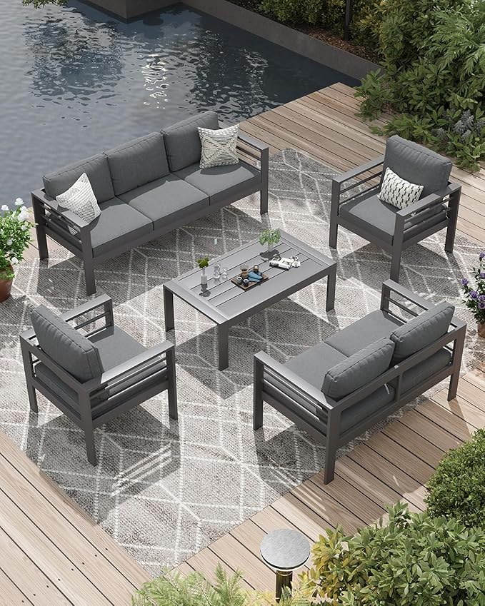 AECOJOY Aluminum Patio Furniture Set, 7 Seats Modern Outdoor Furniture with Coffee Table, 5 Pieces Metal Conversation Sectional Sofa, Dark Gray