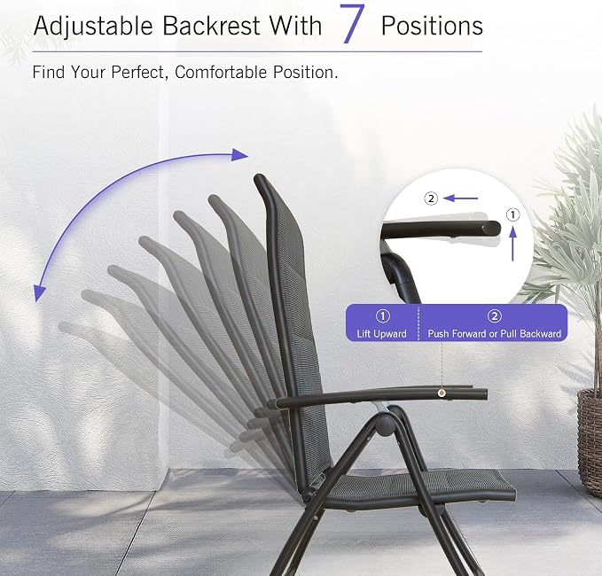 Domi Folding Patio Chairs Set of 2, Aluminium Frame Reclining Sling Lawn Chairs with Adjustable High Backrest, Patio Dining Chairs for Outdoor,Porch,Balcony (Double-Layered Textilene Fabric) - Image 4