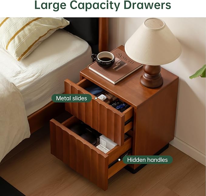YESWOOD Fluted Nightstand, Solid Wood Nightstand, 2 Drawers Wooden Nightstands, Mid Century Modern Night Stand, Small Night Stands for Bedroom, Modern End Table for Living Room(Teak Color, 19.49" H) - Image 4