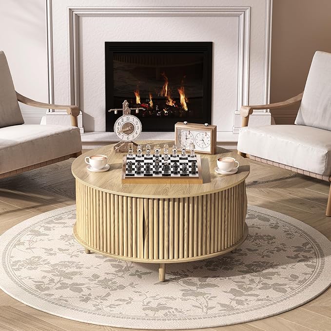 Round Coffee Table with Storage, 31.5" Oak Wood Drum Table, Fluted Circle Center Table for Living Room, Modern Mid Century Furniture with Sliding Door